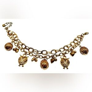 Vintage Boho Gold Charm Bracelet Owls, Acorns & Heart Charms Adjustable 7.5"